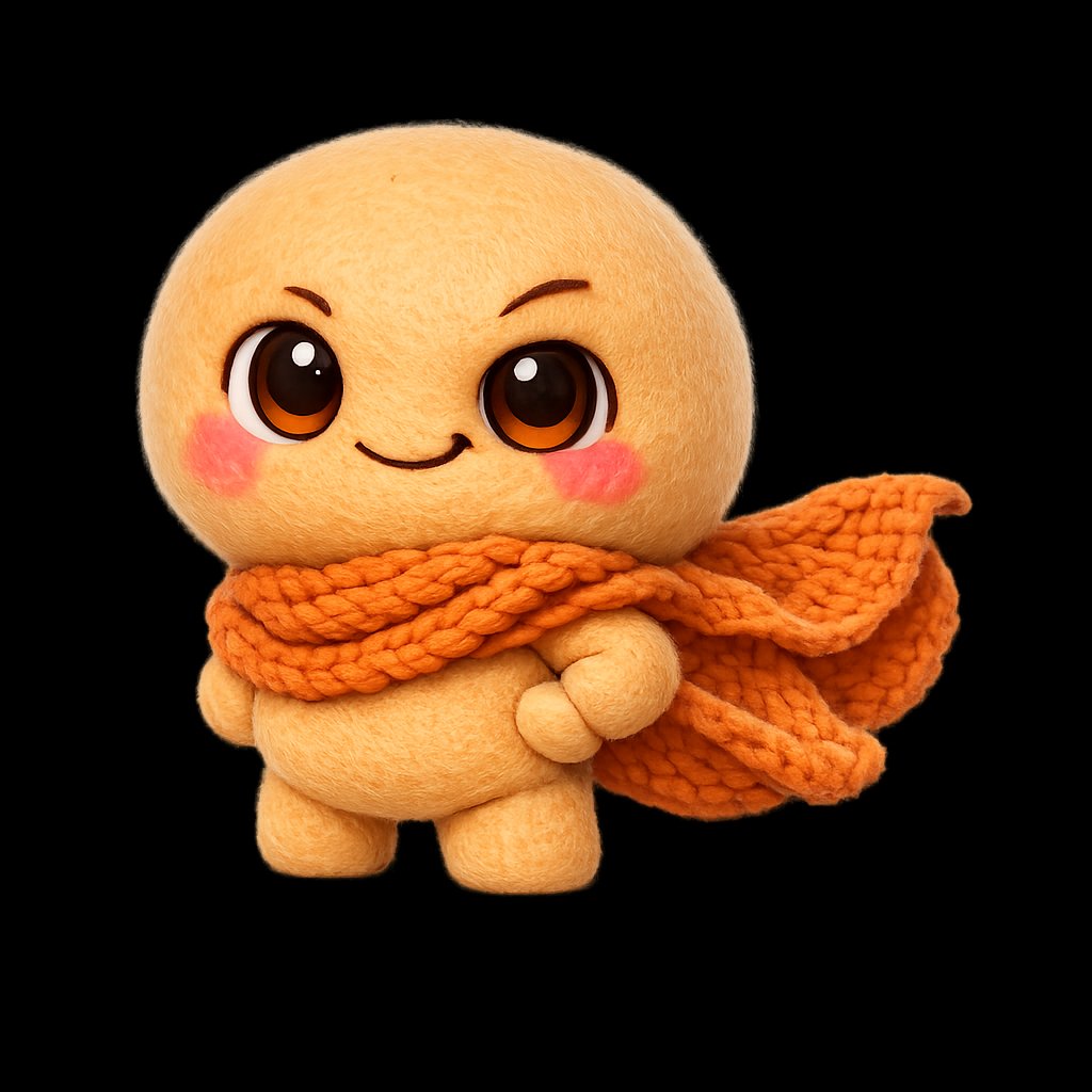 Souppo — a round, knit-scarfed puzzle mascot
