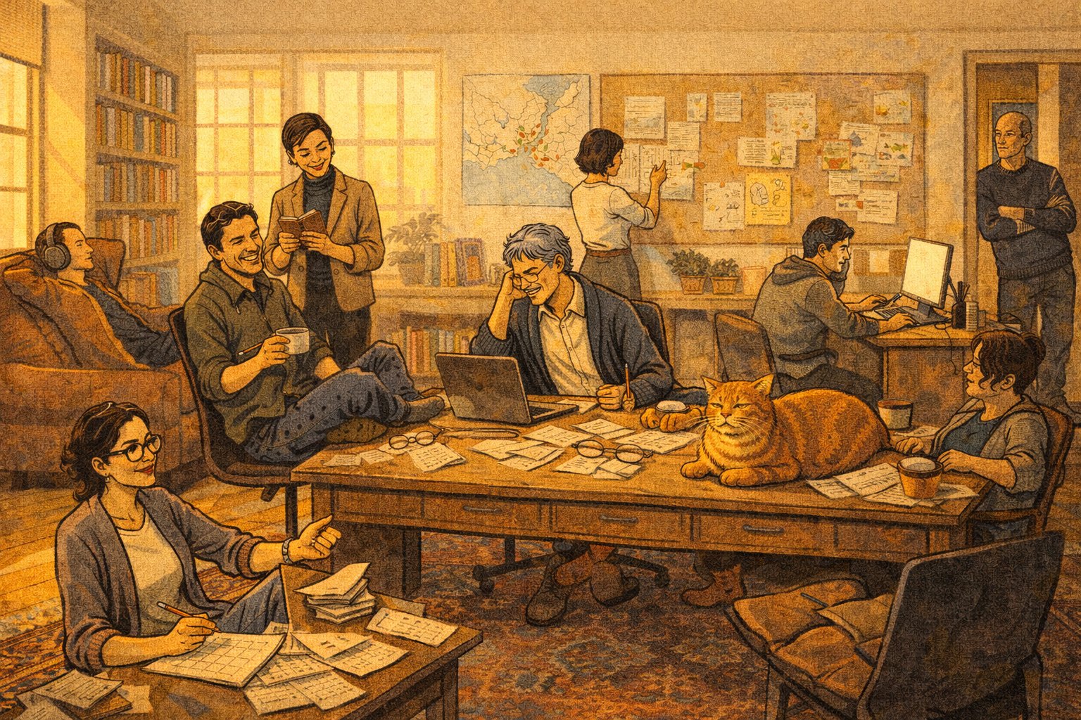 The Miskincin studio on a late afternoon — team at work, Miskin the cat on the desk